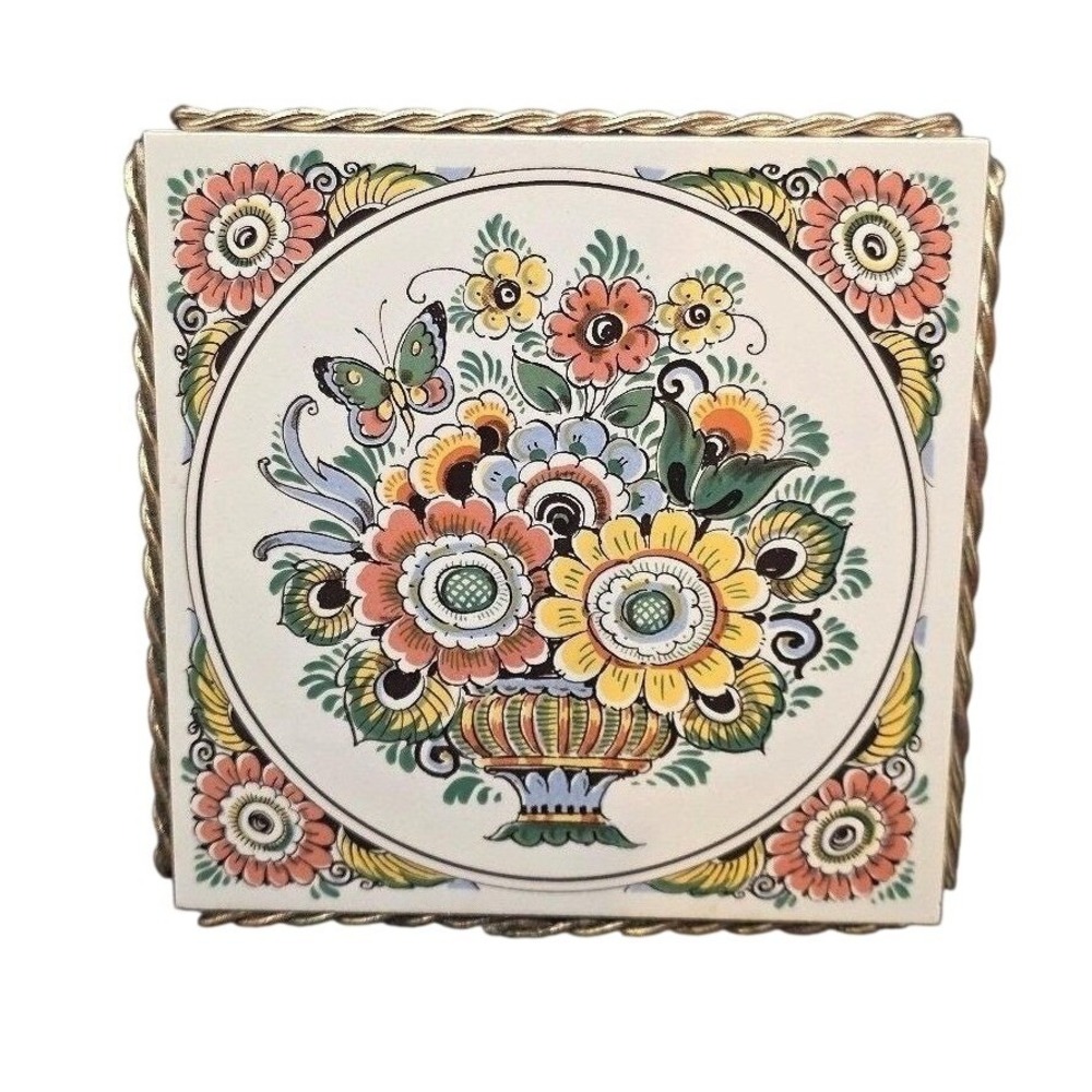Vintage Delft Polychrome‎ Dutch Floral Trivet, Ceramic Tile Kitchen Pot Holder